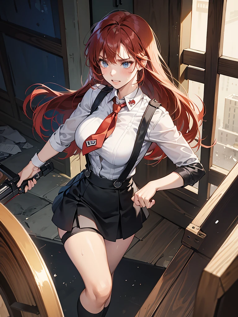 {{masterpiece}}, {{{best quality}}},{{ultra-detailed}}, {{illustration}},{{tall stature}},{{adult women}},,{{fighting stance}},｛ryona｝,{{long sleevesMiniskirt Uniform}},{{losing by misusing one's powers}},}}{defensive stance}},{{fight}},{Jumping},{fatigue}, ,{{anguish}},{{fpigeon toed}},,{{}},{{}},,{{}},{{}},,slender body}}{{Evading}}{{policewoman}},,,,suspenders　,long sleevesMiniskirt Uniform, white high socks,black fingerless gloves, Long red hair, red tie,Straight hair ,Blunt bangs,Thigh holster,.brown loafer,,blush,furrowed ,brow,clenched teeth,suffering,v-shaped eyebrows.,be dripping with sweat,medium breasts ,frustrating,,slum quarters,,twisting around,