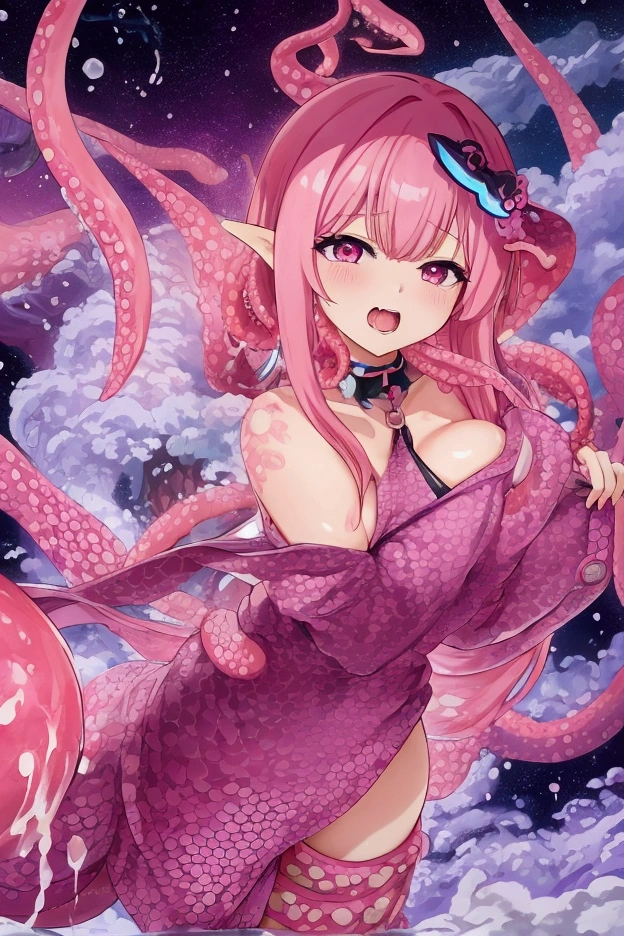 anime girl with pink hair and a purple dress holding a pink octopus, Fine details. anime. Tentacles, some Tentacles are touching her, Tentacles around, covered with Tentacles, Woman in pink, splash art anime , digital art on Pixiv, Pixiv, From the Azur Lane video game, anime fantasy illustration、Tentaclesが女性期に挿入されている、Tentaclesが乳首に吸い付いている、Woman panting、A woman is enjoying herself、rape、Being tormented、Tentaclesは全て敵、Erotic