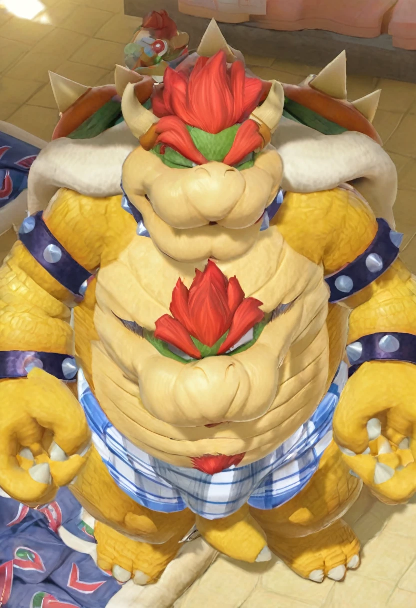 Bowser, gray beard, gray mustache, DILF, seductive, looking at the viewer, SMILE, white and blue plaid loose boxers, White shirt, open shirt, (posing) masculine, alone, the second, gordo, large size, Thick, cellular shading, standing, stopped, whole body, Aerial view, From above, with both hands towards holding the peruvian flag (Red and white colors), thick penis and big testicles