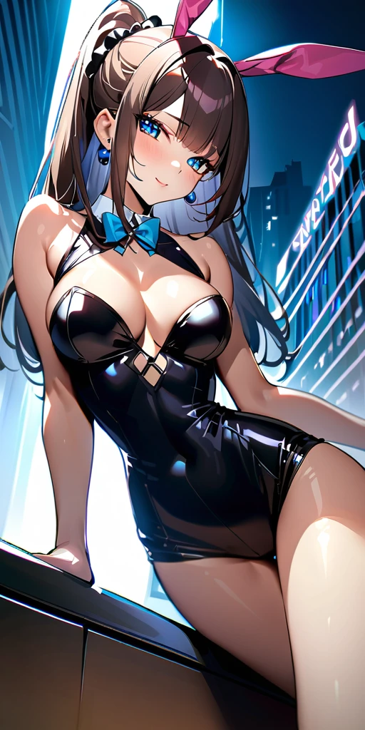 ((Highest quality、、masterpiece:1.3)), Upper Body、Long legs、Sharp focus:1.2, Beautiful woman with perfect figure:1.4、(Smiling:1.2), double eyelid、30-year-old female、Sexy pose、((((Close your mouth、One Woman、Bunny girl,Downtown at night))))、(((((手は体の横に)))))