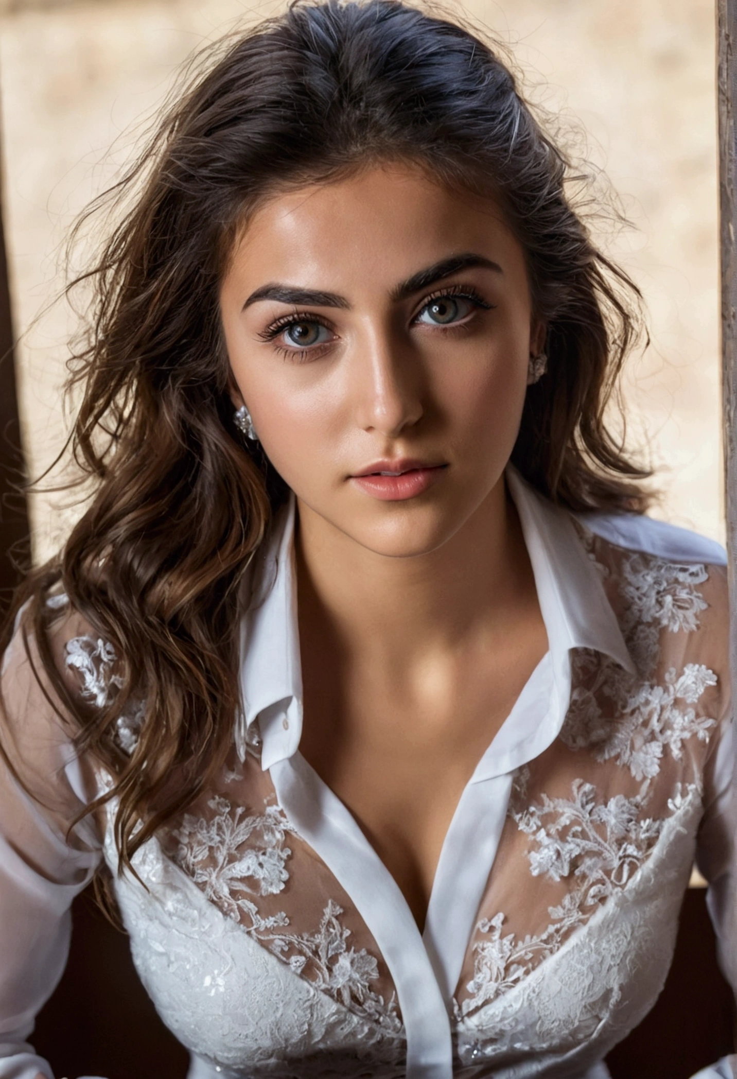23 year old Turkish woman, gorgeous, perfect face, perfect eyes, looking at viewer, (hands in hair), (wearing makeup), (highly detailed eyes), (wearing open dress shirt), blushing, sitting, (view from above), cleavage