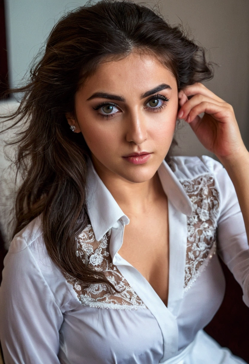 23 year old Turkish woman, gorgeous, perfect face, perfect eyes, looking at viewer, (hands in hair), (wearing makeup), (highly detailed eyes), (wearing open dress shirt), blushing, sitting, (view from above), cleavage
