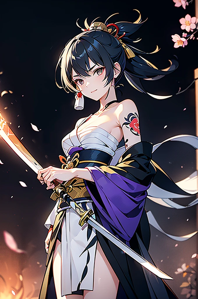 ((roll up bandage sideways on a  chest tightly to cover the chest without gaps)),  bandage samweways, the bantage is no chest shape, flat chest, ((Japanese Gangster BOSS)), adult woman with the dignified presence, Killing Qi, wear nothing around shoulder, wear nothing around neck, wear the kimono, wear it below the waist, (I wind it up to control it, and to attach it),  ((kimono come off)) ,wear the kimono multiple times, Bare shoulders and the clavicle, black and gold kimono, put on over jacket of kimono, (holding a japanese sword which shine in purple, The handole of the sword is black, and the blade is gray, long sword), eye fire, low angle, whole body, bandage is seen, anime character, Glaring, off sholder, nappropriate smile, Excellent, black blue hair, can see both shoulder, long hem, small face, ((cherry blossam big tattoo on the arm))