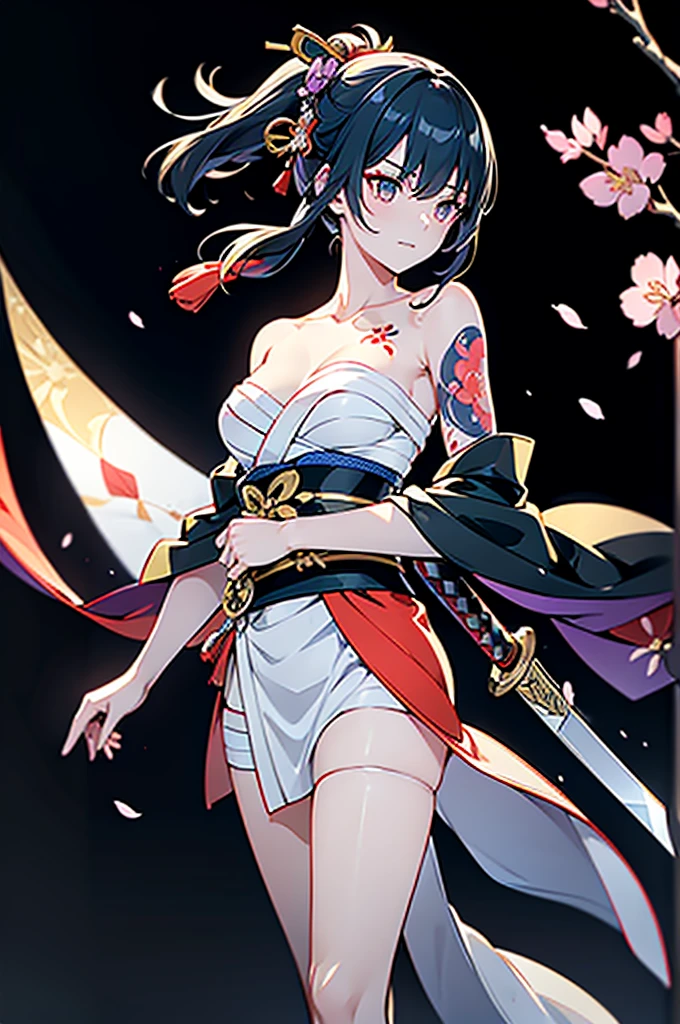 ((roll up bandage sideways on a chest tightly to cover the chest without gaps)), bandage samweways, the bantage is no chest shape, flat chest, ((Japanese Gangster BOSS)), adult woman with the dignified presence, Killing Qi, wear nothing around shoulder, wear nothing around neck, wear the kimono, wear it below the waist, (I wind it up to control it, and to attach it), ((kimono come off)) ,wear the kimono multiple times, Bare shoulders and the clavicle, black and gold kimono, put on over jacket of kimono, (holding a japanese sword which shine in purple, The handole of the sword is black, and the blade is gray, long sword), eye fire, low angle, whole body, bandage is seen, anime character, Glaring, off sholder, nappropriate smile, Excellent, black blue hair, can see both shoulder, long hem, small face, ((cherry blossam big tattoo on the arm))