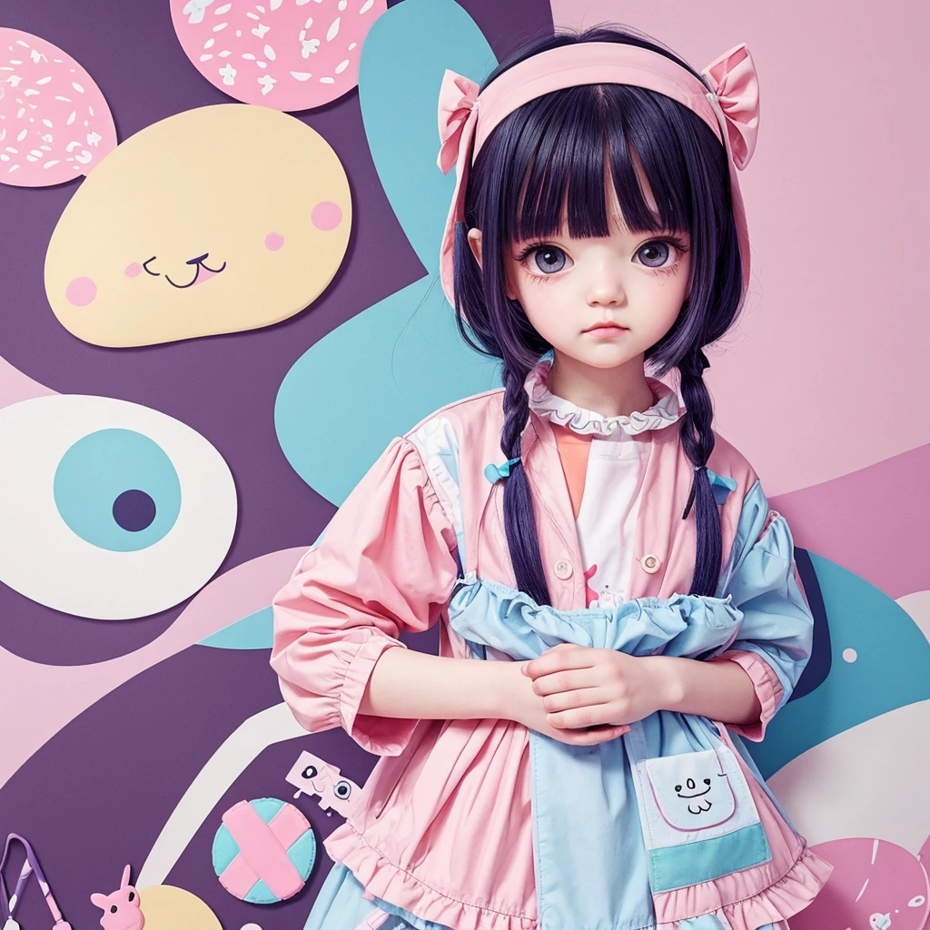 A creative illustration of a girl in Menhera style, with a dark and kawaii touch. She wears a with medical details like bandages and patches, and is surrounded by elements that mix tenderness with the disturbing., like torn stuffed animals and pastel colored syringes. The background is a combination of pastel tones and dark shadows, creating a contrast between the adorable and the disturbing.