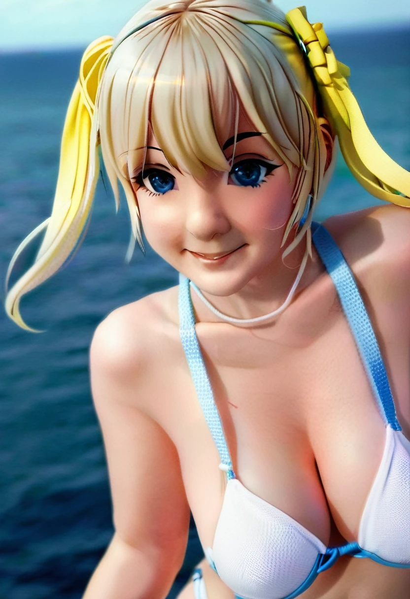 European girl, blush, twintails, (li)1.2 13smile, blue eyes, large breasts, backlighting, bokeh, (blond hair)1.2, looking at viewer, wide-eyed, tight string white bikini, sea side, side view,