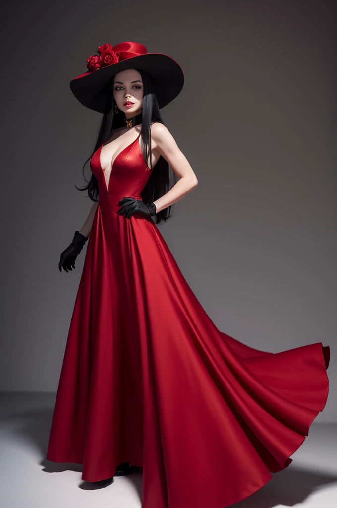 Morticia Adams wearing a long, plain red dress, black and gold hat, high red shoes