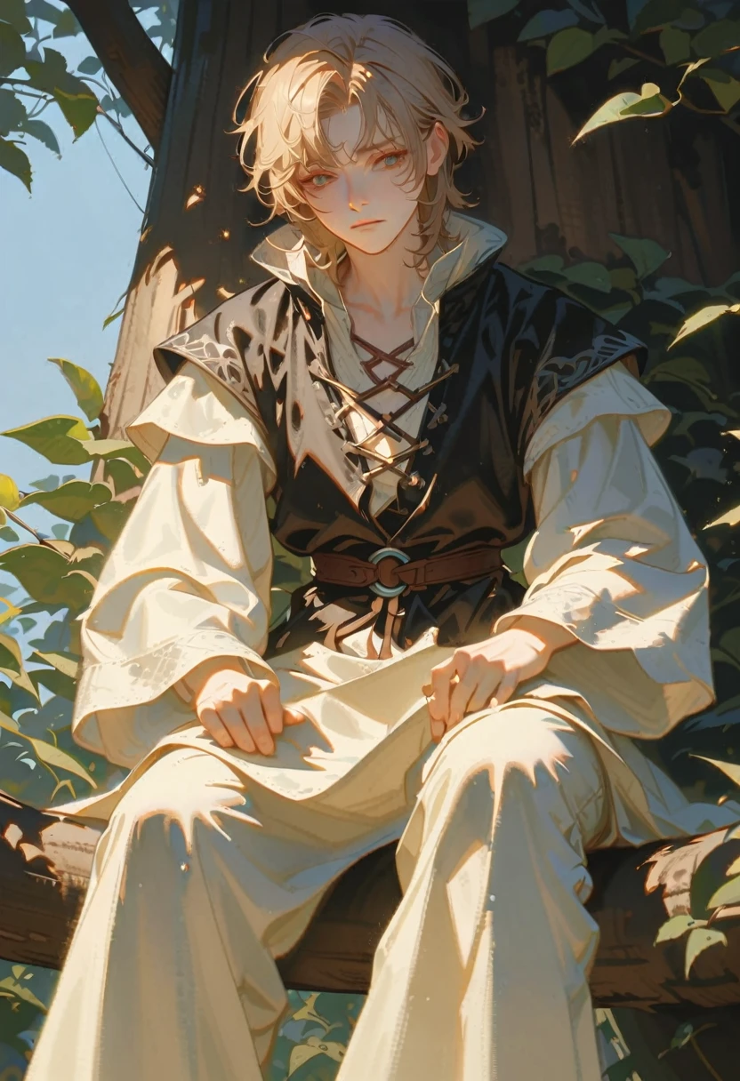 A young tall thin man with blond wavy short hair in an old-style medieval canvas shirt stained with blood and pants wounded lying on the ground in the forest, blood on his chest, in the distance you can see the stone wall of the castle, 3d, in the afternoon in the forest