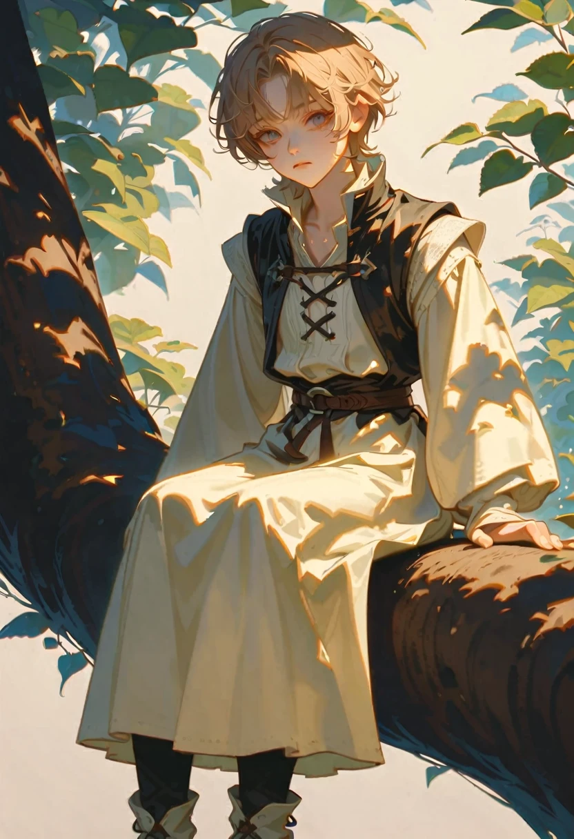 Style 9, UN Man with straight light brown hair, bangs, tired olive eyes, pale complexion, sitting in a tree house, wearing medieval style clothing