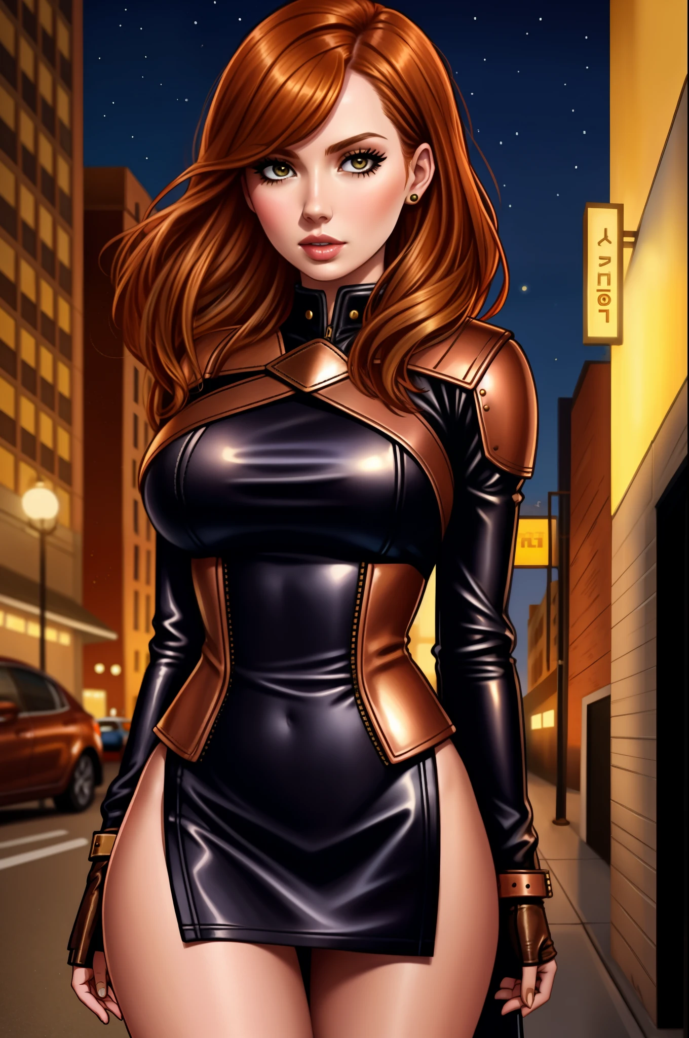 detailed Karen Gillan dress,leather,
copper hair,golden hair,night black hair,
urban setting
1girl, sexy 19 year old woman