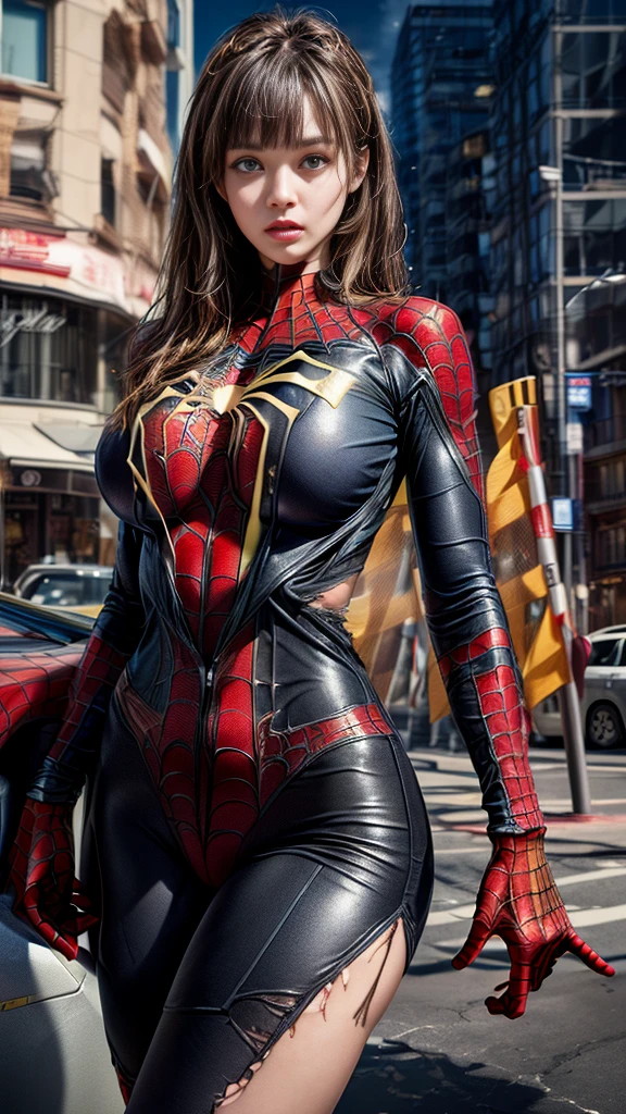 Evangeline Lilly、マーベルコミックの映画Poster、so beautiful、Movies about Spider-Man、sexy、whole body、Wearing a skirt、Premiere Date、Poster、belly buttonを突き出す、new york、She's wearing a ripped Spiderman suit、The suit is torn、Wearing a skirt、Red and black color scheme、dynamic、masterpiece、Highest quality、Super detailed、Very detailed、Delicate and beautiful shine、Ultra-high resolution、Cinematic、break、breakドロップ、(Torn clothes:1.5)、(Wet clothes:1.4)、Bare shoulders、Real Rain、Wet Hair、belly button、Exposed Skin、sexyな肩を披露