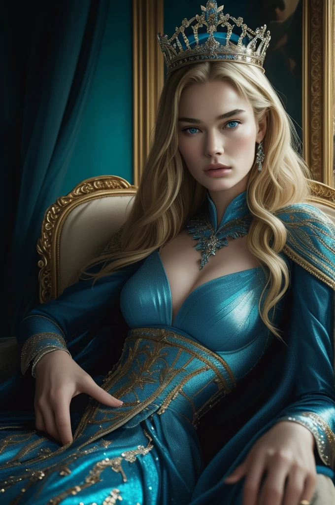16 year old Lena Headey, ultra detailed face, ultra detailed blue eyes, long blonde hair, (queen dress), queen crown, (((masterpiece)))