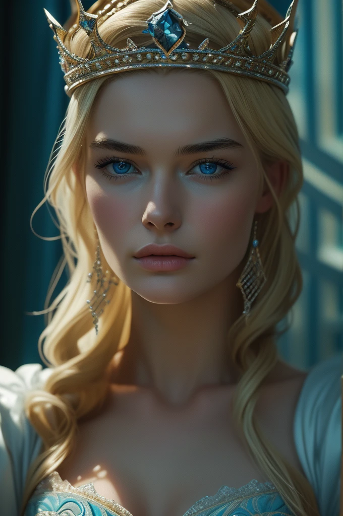 16 year old Lena Headey, ultra detailed face, ultra detailed blue eyes, long blonde hair, (queen dress), queen crown, (((masterpiece)))