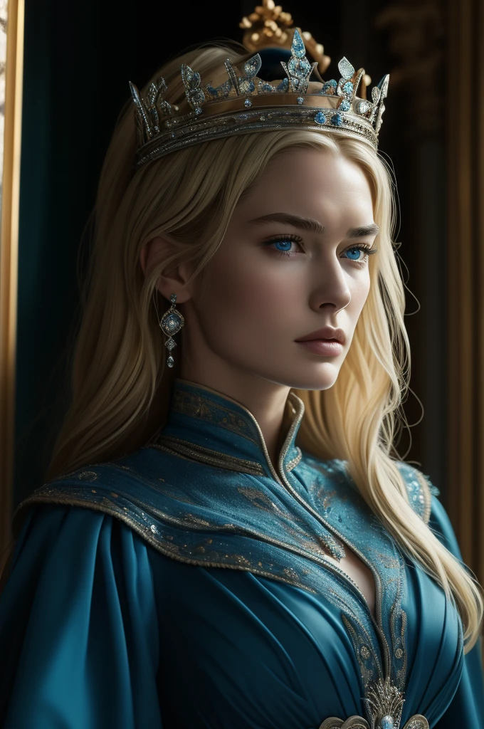 16 year old Lena Headey, ultra detailed face, ultra detailed blue eyes, long blonde hair, (queen dress), queen crown, (((masterpiece)))