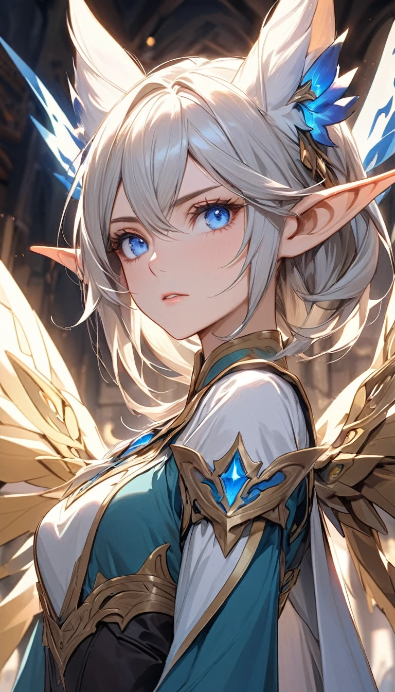 Cute elf girl,short detailed hair,Sit on your knees,Sword in hand,slenderness,With Ultra HD details,Professional lighting and lighting。With decoration,Tall and sexy,Delicate stockings,Sexy mature clothing,From her delicate face and hair to the sparkle in her ultra-delicate eyes,Great attention to detail。A pair of delicate earrings,Delicate necklace,A light breeze,Highly rendered long sword,Brighter scenes,More refined facial features,light smile, gradient hair, anaglyph, tachi-e, pov, atmospheric perspective, high detail, anime, from outside, chiaroscuro, bloom, ray tracing, super detail, ccurate, best quality, textured skin, anatomically correct