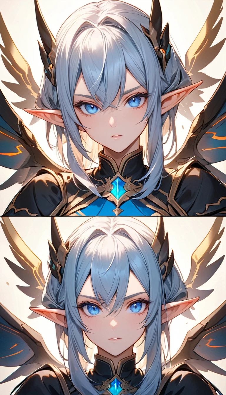 Detailed and attractive elf faces and ears, Blue eyes, A more attractive stare, Looking at the audience, gentle, intimidation, mercy, calm, equality, electric elf wings,