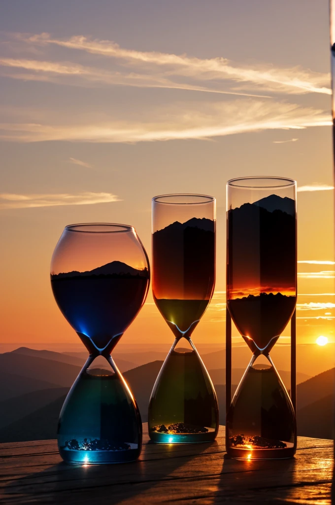 Create an image with many hourglasses on a mountain with sunset