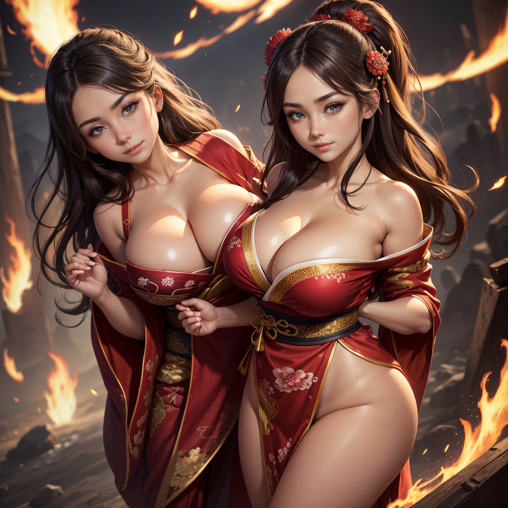 Highly detailed CG unit 8K wallpaper, masterpiece, High resolution, highest quality, highest quality real texture skin, Super Real, Digital Painting, Best image quality, 最High resolution, 8K, (((1 girl))), Very beautiful ager, ((Highly detailed eyes and face)), Beautiful eyes in every detail, Full Body Shot, beautiful kimonos, Red kimono, Japanese dress, Dazzling, chinese style embroidery, (disproportionate breasts:1.5, huge breasts, sideboobs, sagging breasts:2, Cleavage:1.5, gigantic breasts, )curvy, erect nipple, ((tanned skin)), smile, grin, Strong winds, typhoon, light brown hair,