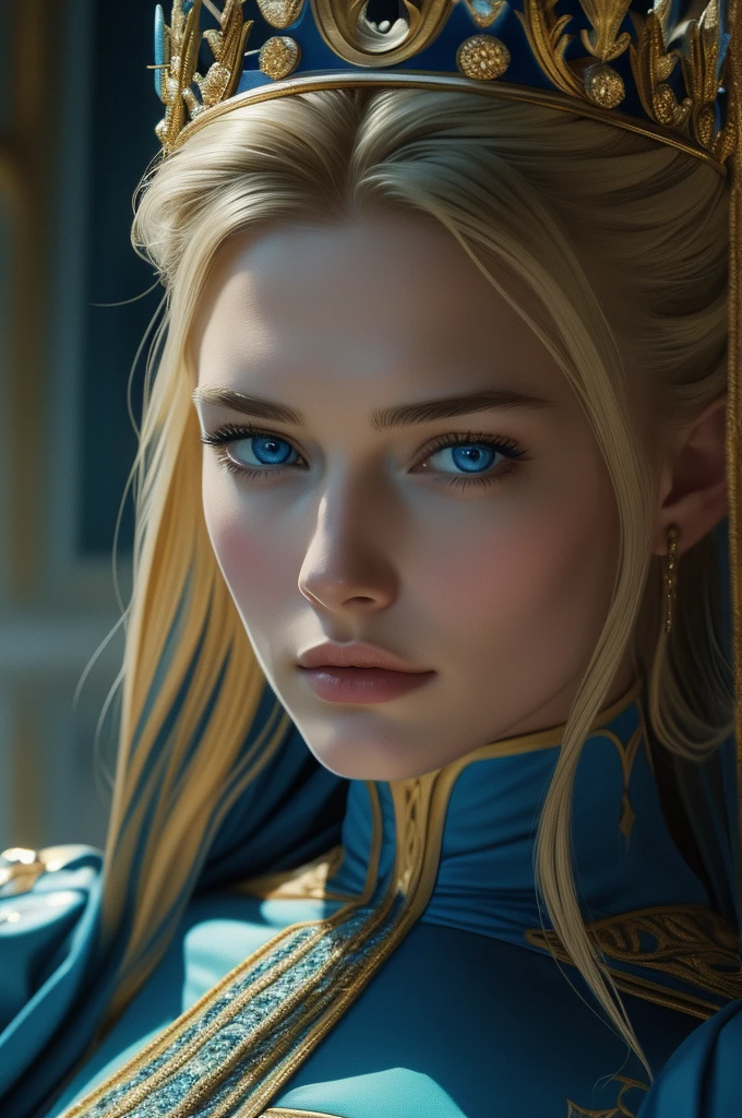 16 year old Lena Headey, ultra detailed face, ultra detailed blue eyes, long blonde hair, (queen dress), queen crown, (((masterpiece)))