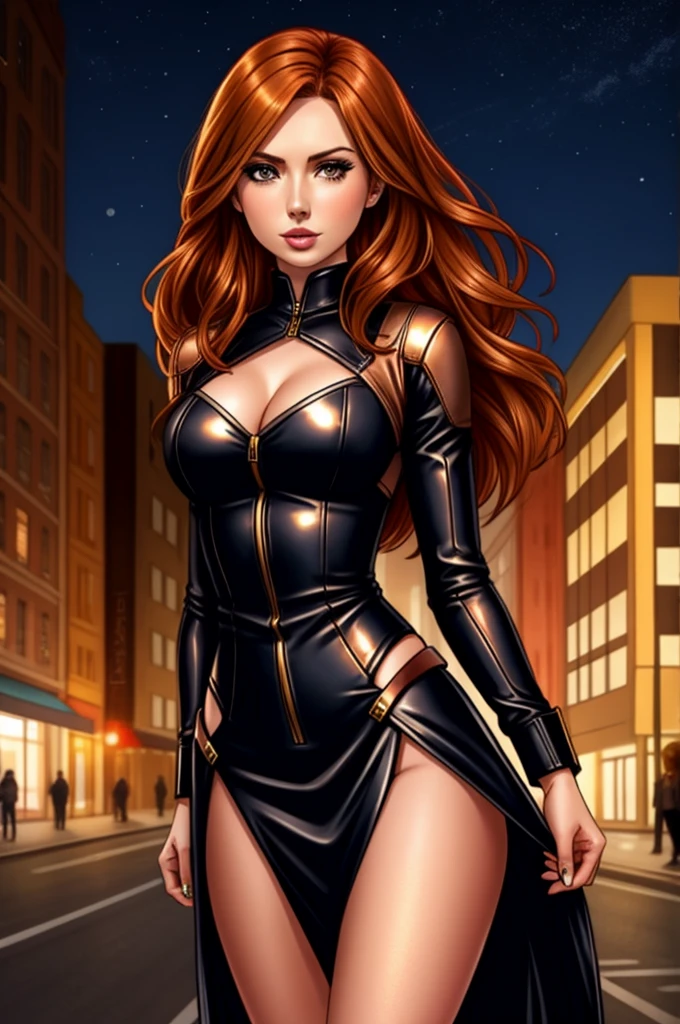 detailed Karen Gillan dress,leather,

copper hair,golden hair,night black hair,

urban setting
1girl, sexy 19 year old woman