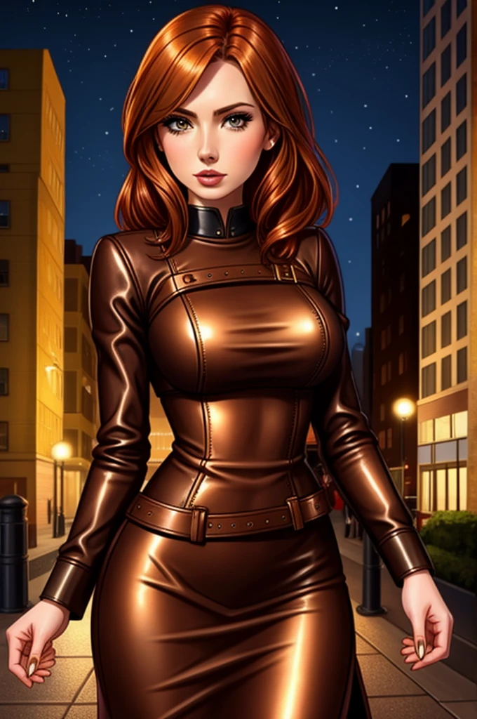 detailed Karen Gillan dress,leather,

copper hair,golden hair,night black hair,

urban setting
1girl, sexy 19 year old woman