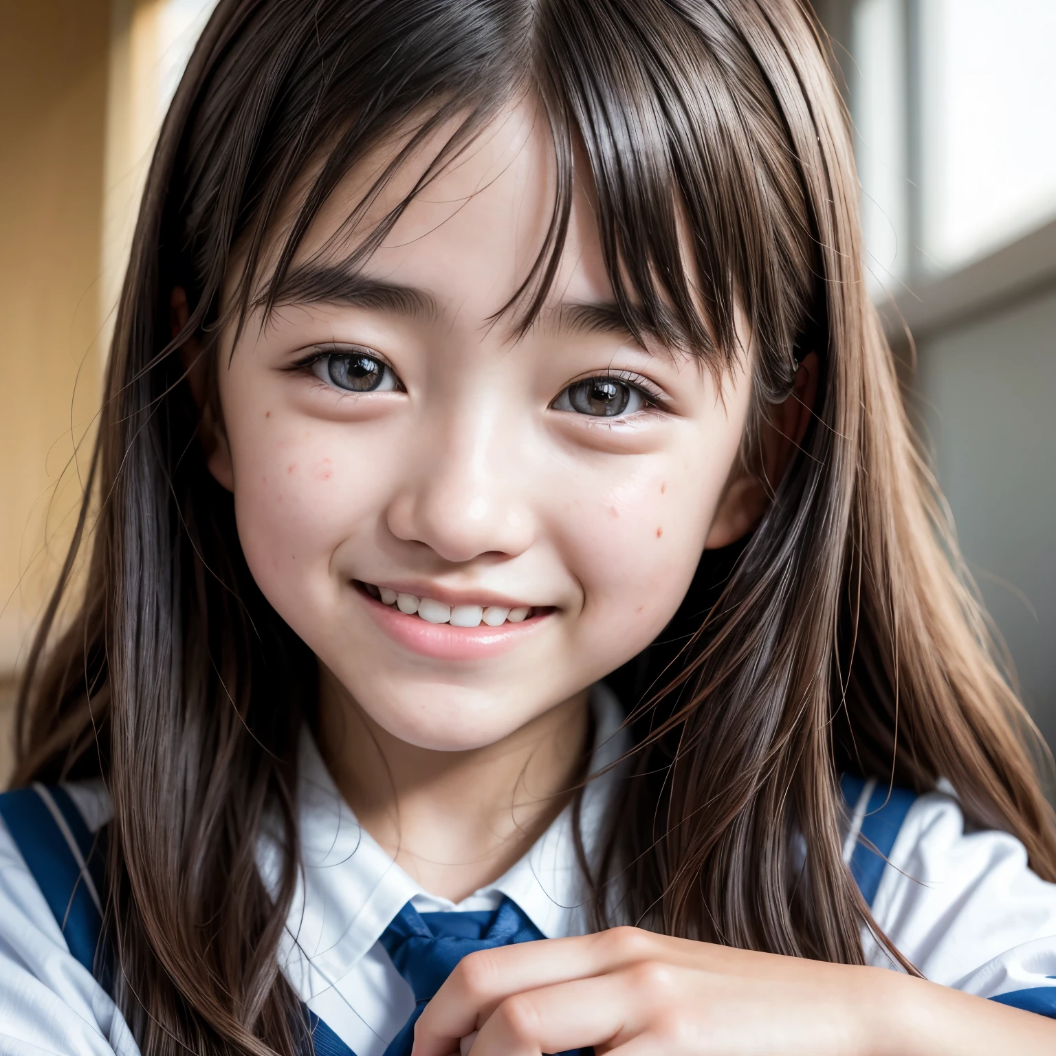 lens: 135mm f1.8, (Highest quality),(RAW Photos), (Tabletop:1.1), (Beautiful 13 year old Japanese girl), Cute face, (Deeply chiseled face:0.7), (freckles:0.4), Speckled sunlight, Dramatic lighting, (uniform), (In the classroom), shy, (Close-up shot:1.2), (smile)