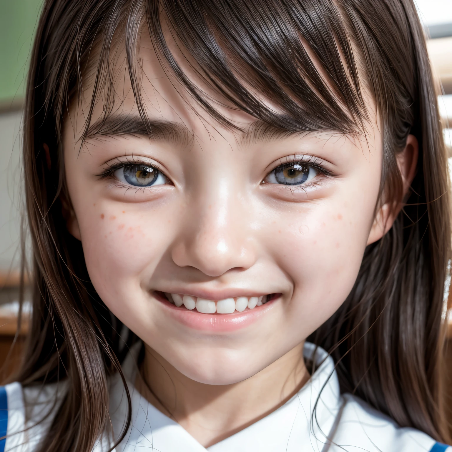 lens: 135mm f1.8, (Highest quality),(RAW Photos), (Tabletop:1.1), (Beautiful 13 year old Japanese girl), Cute face, (Deeply chiseled face:0.7), (freckles:0.4), Speckled sunlight, Dramatic lighting, (uniform), (In the classroom), shy, (Close-up shot:1.2), (smile)