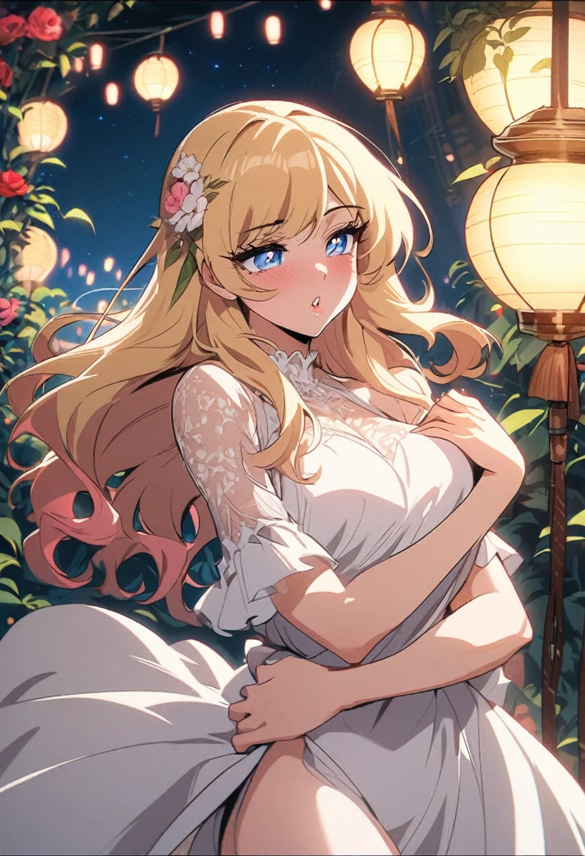 In manhwa art style, a young Korean woman 28s. Her hair is short at shoulder in a blonde pink colors. Her face is slightly shorter than it is long, which carry a warm , expressive face. Her skin is radiant and clear, and her curved lips. Large blue eyes are expressive and captivating. Her natural body and defined made up of proportional curves. She is wearing a white dress while the light of the lanterns in the botan garden at night illuminates the flowers
