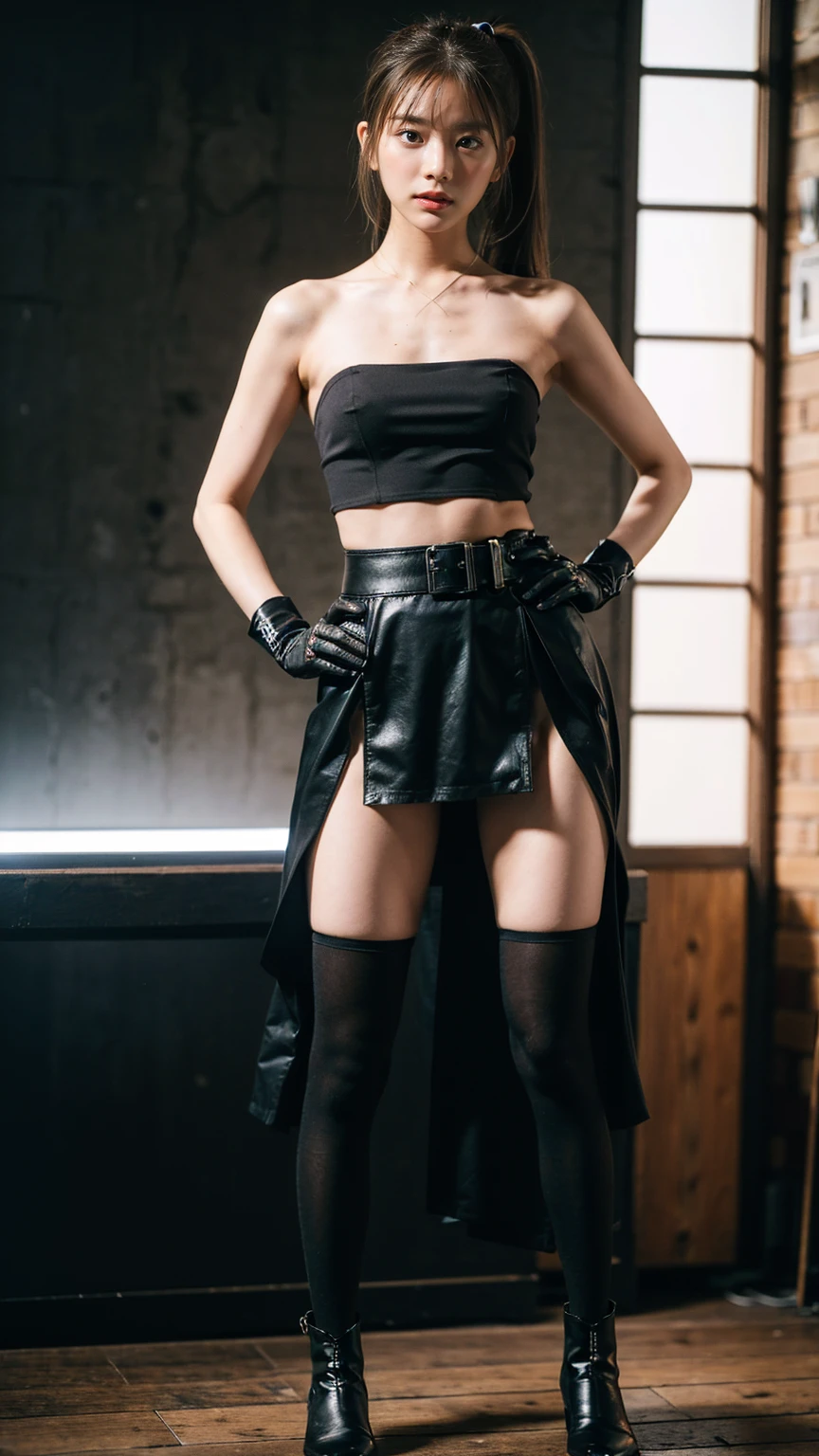 (8K、RAW Photos、Highest quality、masterpiece:1.2)、(Highest quality、Realistic)、1 Girl、((レザーガーターbelt、Side Ponytail、Tube top、Arm Covers、Ninja costume、mini skirt、black、tights、Belly button、Gloves、belt、ribbon、See-through、Thin legs、whole body、boots、City of night、View from the front、Looking into the camera、Stand with hands on hips))、cute