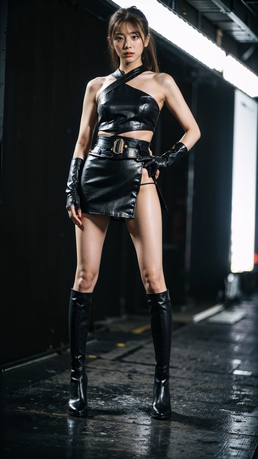 (8K、RAW Photos、Highest quality、masterpiece:1.2)、(Highest quality、Realistic)、1 Girl、((レザーガーターbelt、Side Ponytail、Tube top、Arm Covers、Ninja costume、mini skirt、black、tights、Belly button、Gloves、belt、ribbon、See-through、Thin legs、whole body、boots、City of night、View from the front、Looking into the camera、Stand with hands on hips))、cute