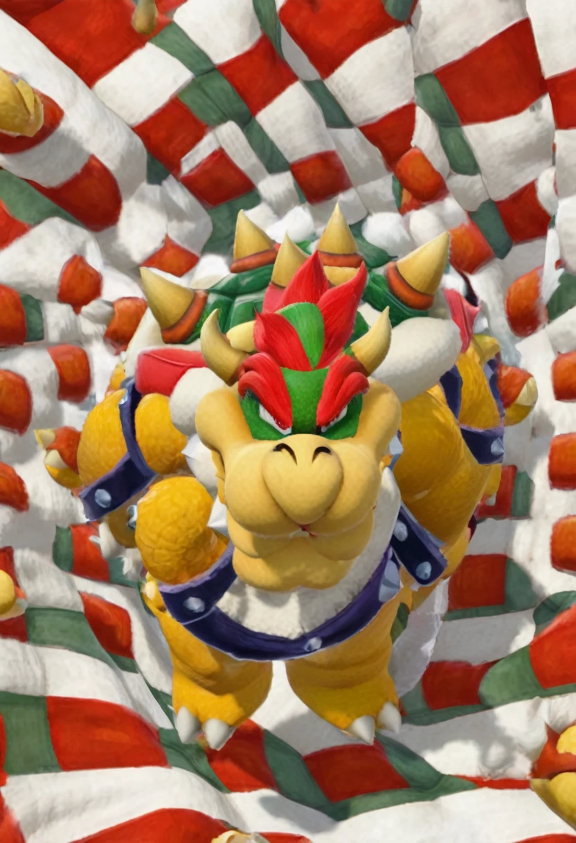 Bowser, gray beard, gray mustache, DILF, seductive, looking at the viewer, SMILE, white and blue plaid loose boxers, White shirt, open shirt, (posing) masculine, alone, the second, gordo, large size, Thick, cellular shading, standing, stopped, whole body, Aerial view, From above, with both hands towards holding the peruvian flag (Red and white colors), thick penis and big testicles