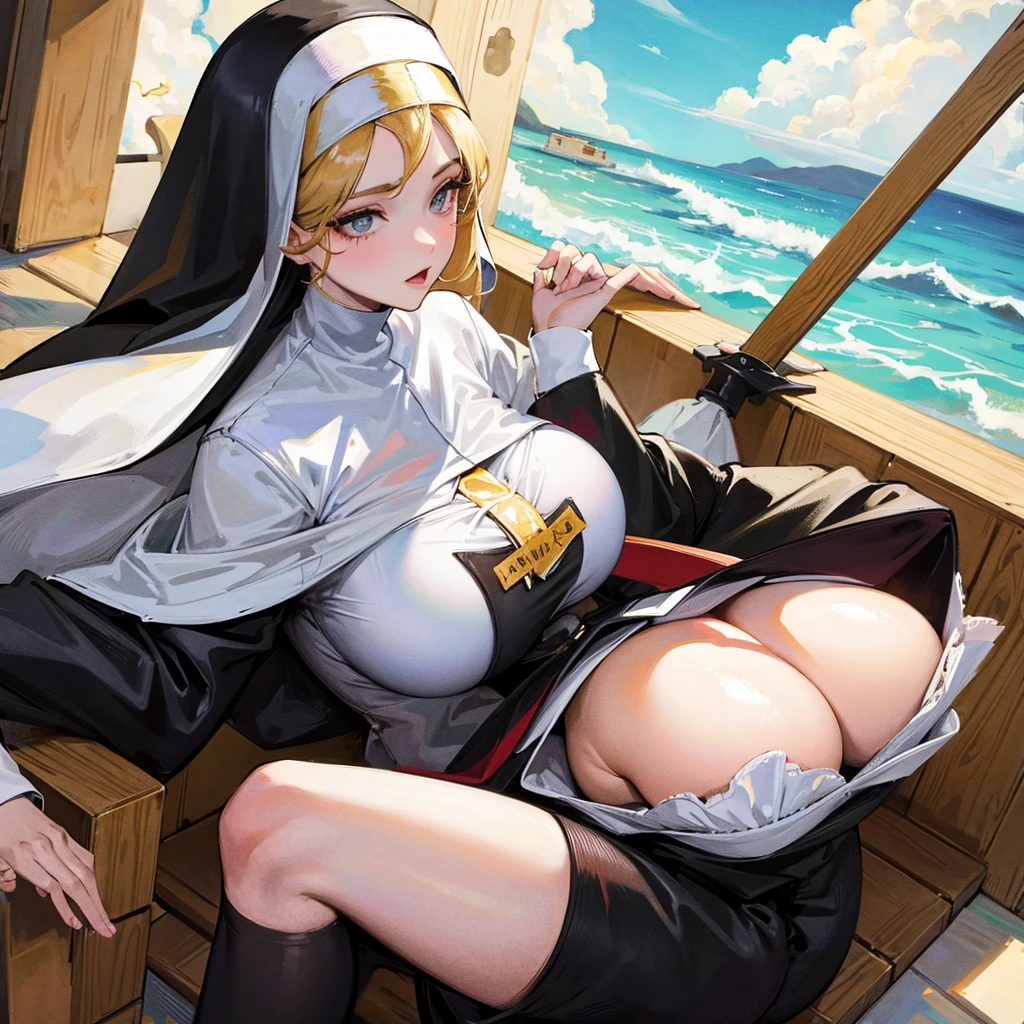 Girl with huge breasts wearing a bra and a nun's outfit in church