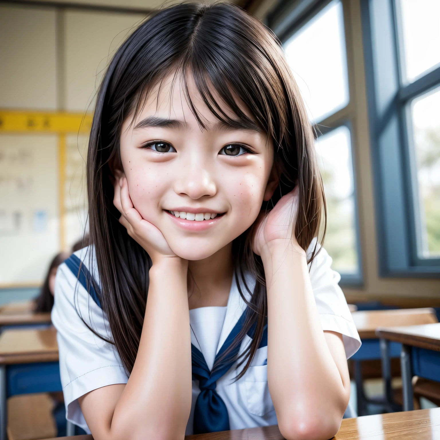 lens: 135mm f1.8, (Highest quality),(RAW Photos), (Tabletop:1.1), (Beautiful 13 year old Japanese girl), Cute face, (Deeply chiseled face:0.7), (freckles:0.4), Speckled sunlight, Dramatic lighting, (uniform), (In the classroom), shy, (Close-up shot:1.2), (smile)