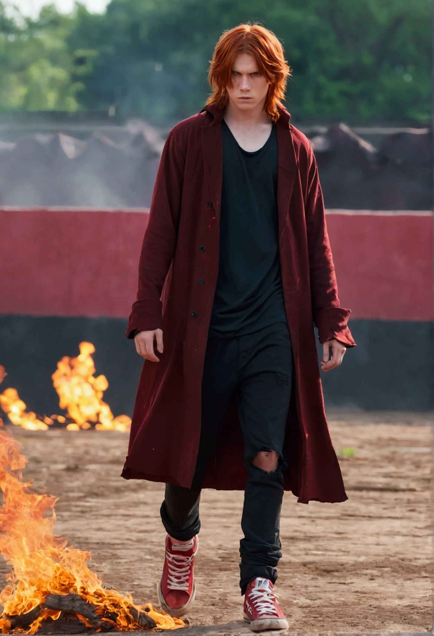 Teenage boy, tidy hair, long hair, fiery red hair, serious face, Eyes red, ripped black loose shirt, wide and torn dark red overcoat, black pants, Red sneakers, fire aura around the character, scene in an open-air fighting arena, lot of details, best qualityer