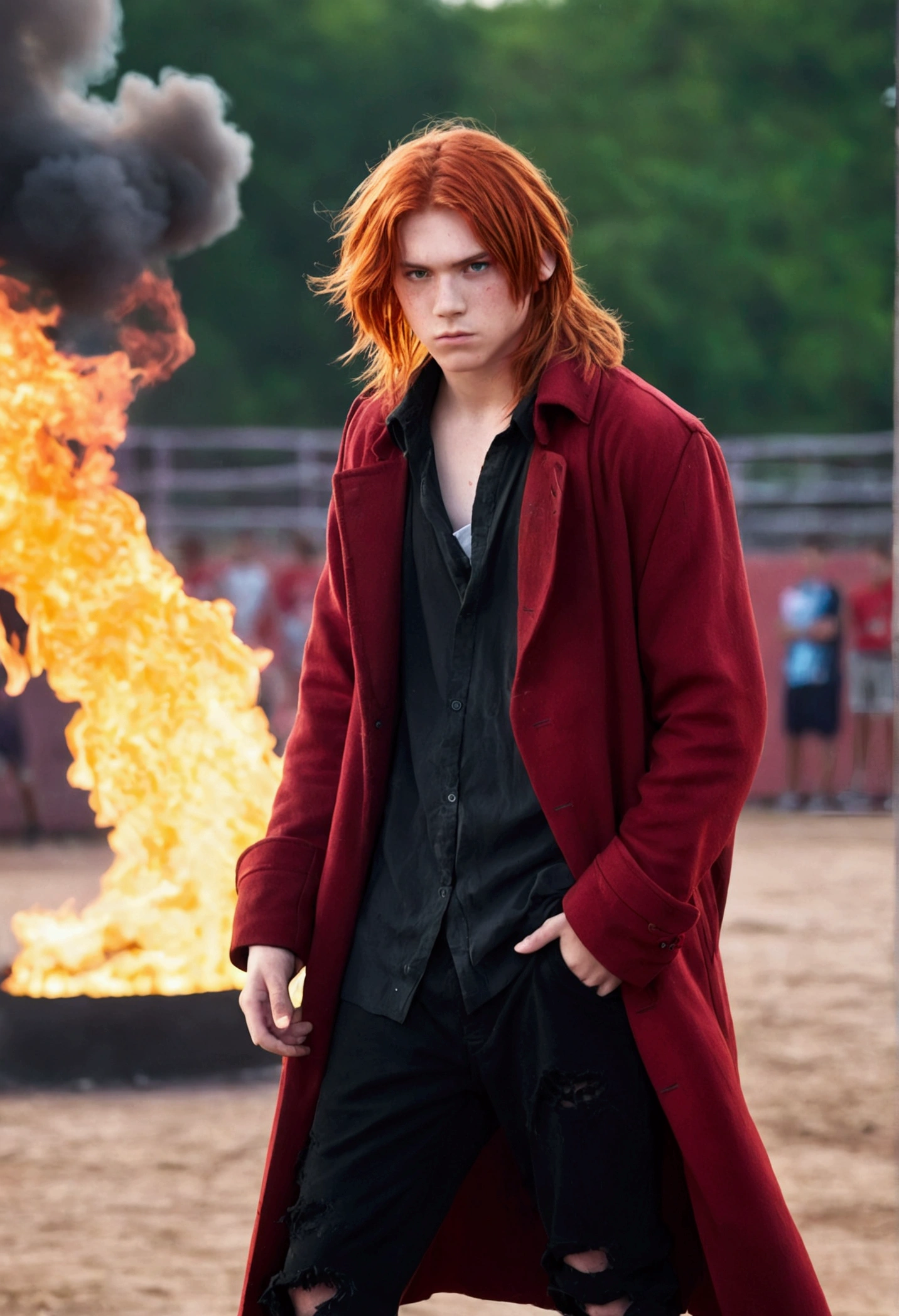 boy, tidy hair, long hair, fiery red hair, serious face, Eyes red, ripped black loose shirt, wide and torn dark red overcoat, black pants, Red sneakers, fire aura around the character, scene in an open-air fighting arena, lot of details, best qualityer