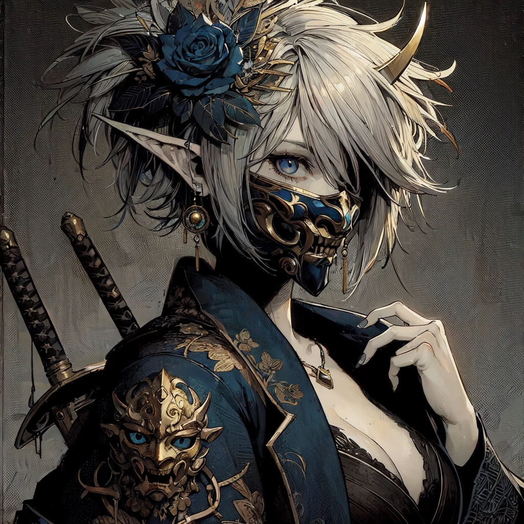 Handsome elf dressed as a vintage assassin, dark gray background, blue and gold details, 1 girl, White hair, short tail, [[dirty hair]], wearing a mask They, ArtStation, hyper-detailed, beautiful lighting, ArtStation by James Jean, Moebius, Greg Rutkowski, Alfonso Mucha, hyper-detailed