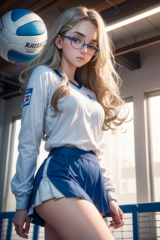 r with wavy hair, white with blue eyes, attractive girl with glasses and  in skirt and blue long sleeve shirt in high school volleyball gym 