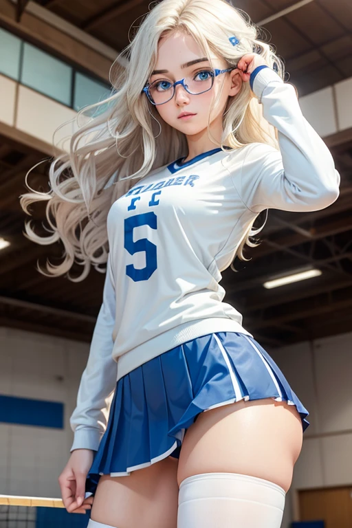 ager with wavy hair, white with blue eyes, attractive girl with glasses and  in skirt and blue long sleeve shirt in high school volleyball gym 