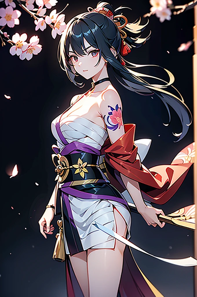 ((roll up bandage sideways on a chest tightly to cover the chest without gaps)), bandage samweways, the bantage is no chest shape, flat chest, ((Japanese Gangster BOSS)), adult woman with the dignified presence, Killing Qi, wear nothing around shoulder, wear nothing around neck, wear the kimono, wear it below the waist, (I wind it up to control it, and to attach it), ((kimono come off)) ,wear the kimono multiple times, Bare shoulders and the clavicle, black and gold kimono, put on over jacket of kimono, (holding a japanese sword which shine in purple, The handole of the sword is black, and the blade is gray, long sword), eye fire, low angle, whole body, bandage is seen, anime character, Glaring, off sholder, nappropriate smile, Excellent, black blue hair, can see both shoulder, long hem, small face, ((cherry blossam big tattoo on the arm))