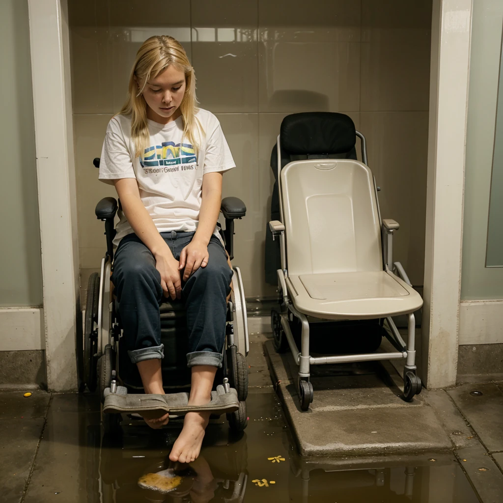 Blonde girl in wheelchair, peeing in his pants, stream of urine coming out of pants, in the bathroom, puddle of urine on wheelchair seat, stream of urine falling under the wheelchair