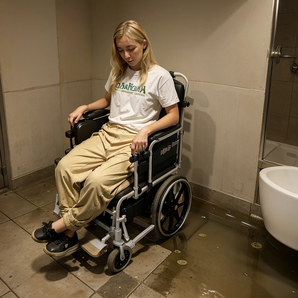 Blonde girl in wheelchair, peeing in his pants, stream of urine coming out of pants, in the bathroom, puddle of urine on wheelchair seat, stream of urine falling under the wheelchair