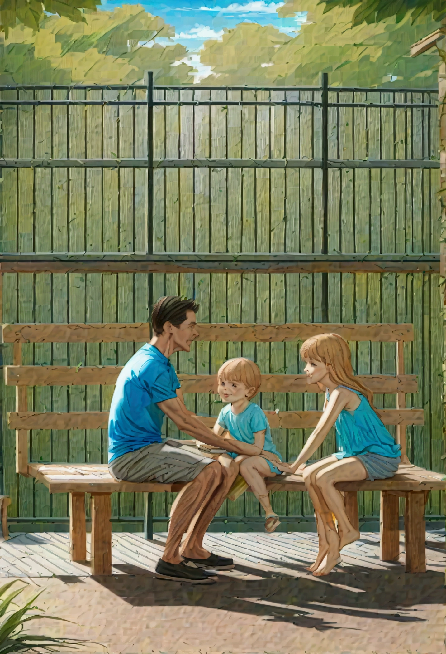 Location: A public park full of children and families.
Characters:
Father: A man in his forties.
Mother: A woman in her thirties.
Child: A five-year-old child.
Scenario:
The scene begins with the father and mother sitting on a wooden bench in the park while the plays near them on the playground.
Mother: (looking at the child) My love, don't go away, remember that you have to stay close to us.
Father: (He picks up a book and tries to read) True, we are here to watch you, but you must remain within sight.
The runs towards the slide and plays with other children, but he moves away a little.
Mother: (worried) I think he got too far away. Let me go see him.
Father: (puts the book aside) Let's go together.