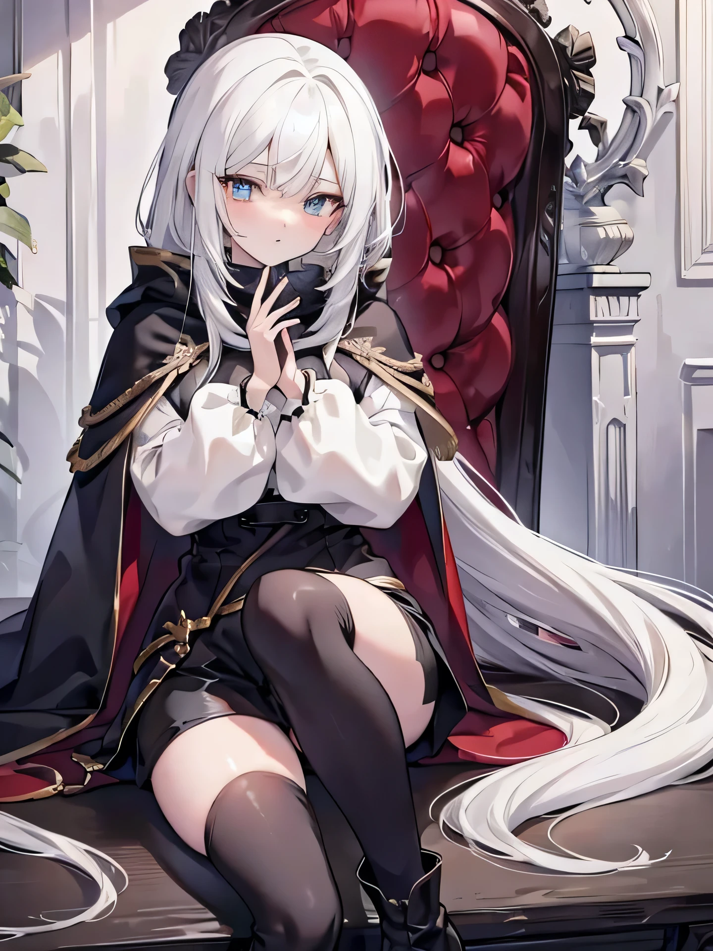 White hair，Waist-length hair，beautiful girl，No Expression，whole body，Height 145 cm，Black shawl cloak，A cloak that covers the body，Different world，HD，8K，detail，whole body，Over the knee socks，Knee socks，Black Silk，Red vest，Black shorts，Ankle boots，No background，With hands，Normal hand,Cute eyes