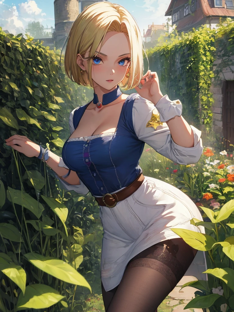Beauty, cute, Pitiful, garden, android18Number, (masterpiece), highest quality, 1girl, uhd, retina, masterpiece, ccurate, anatomically correct, textured skin, super detail, high details, high quality, best quality, highres, 4K