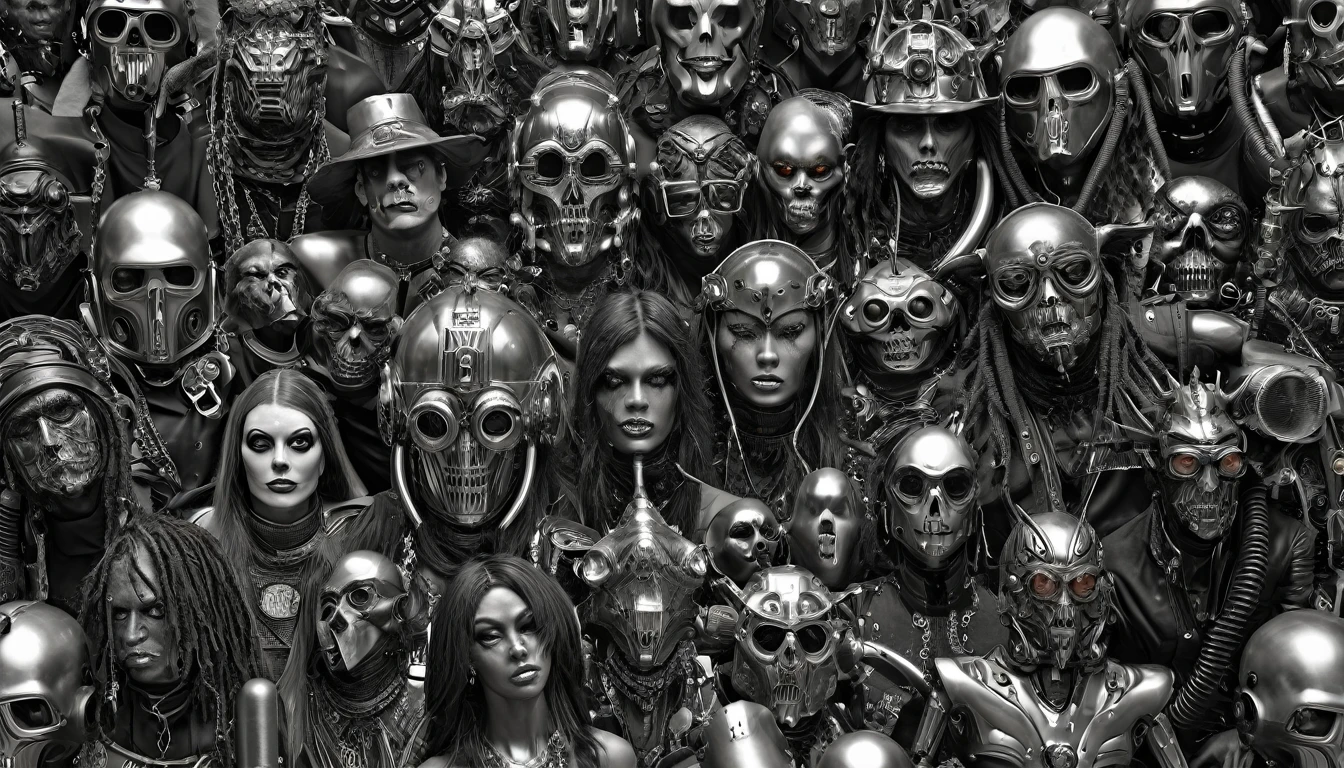 in (medium full shot:3.1) of lot of characters from (Heavy Metal Magazine:3.1), inspired by style of H.P. Lovecraft, Hans Bellmer and Clyde Caldwell, in Cyberpunk apocalypse in chaotic world, monsters and robots, wayne barlowe, pierre pellegrini, (with Creepy, Sci-Fi, Fantasy and Horror:2.9) retro sci fi, Horror movie, ((Cinematic film)), ((Ultra Detailed)), Complex, ((Sharp Focus)), Object Texture, Studio Photo, Complex Details, ((Highly Detailed)), Photo Real Style, ((Hyper-realistic)), High Dynamic Range, ((Realistic Textures)), 8K UHD, Nikon D 850, Kodak Portra 400, Fujifilm XT, 3D rendering