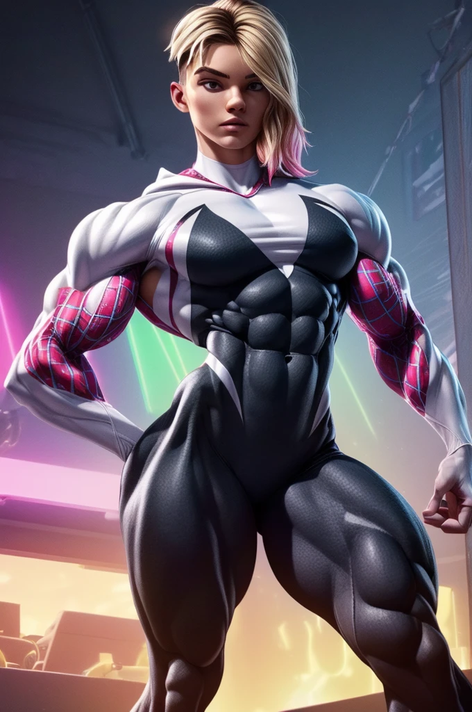 (ultra realistic,32k, masterpiece:1.2), (high detailed skin:1.1), (8k uhd, dslr, high quality:1.1), Gwen, (thin body:1.0), lean body, skinny body, fitness model physique, sexy, slutty, undercut, blonde, multicolored hair, bodysuit, web-print, hood down, (perky breast:1.0), (looking at viewer, Bend forward:1.1), (glow in the dark:1.1), A musical concert environment, ((extremely muscular)), (, muscular legs , muscular arms, Muscular upper body, muscular abdominal muscles , muscular shoulders,)((1frau))