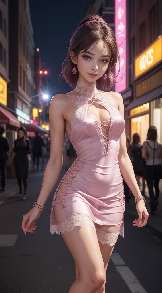 8k, Masterpiece, raw photo, Best Quality, photorealistic, Extremely detailed CG unity 8k wallpaper, depth of field, cinematic light, Lens flare, ray tracing, (extremely beautiful face, beautiful lips, pretty eyes), face with intricate details, ((Ultra detailed skin)) 1 girl, in the dark, deep shadow, Pretty Korean girl, kpop idol, 1 girl, (very thin and slender muscular body:1.3), ((see the viewer)),(big smile:1.3), (fashion night, dark night, (neon lights sign), (blurred background), fashion street night),(There is no one in the background:1.3), beautiful earrings, bracelet, neck, shackles, light eyes, walking, (pale skin), (large eyes), Look forward, (brown hairs), (full body shot), ((Hot pink silk dress:1.3)), ((dress properly)), ((lace-up dress)), (see the viewer:1.3) open chest, very thin, medium breasts, Return, (return shot), ass focus, Before eyebrows,(tight dress), thick thighs