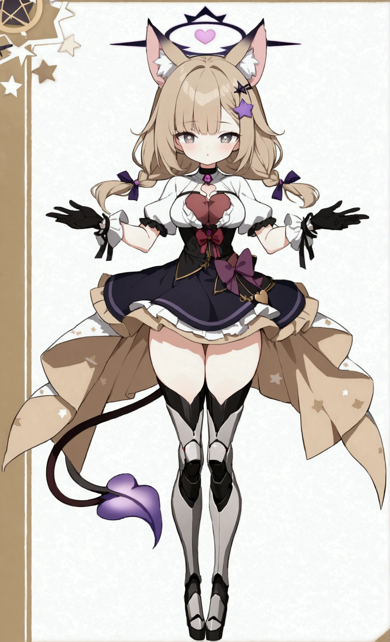 woman 170 cm tall. medium chest, wide hip, slim build, ((whole body)). (((character design sheet: front view))). (dark blonde hair, ((hip length wavy hair, asymmetrical bangs, star hairpin)), (She has a short braid tied with an elegant purple ribbon on the left side of her hair above her chest). (She has a short braid tied with an elegant purple ribbon on the right side of her hair above her chest). She has small hair ties in the back of her hair..). ((Gray eyes with a pink 4-pointed star in the pupil)). (Two black and purple fox ears located on the top of the head). (Luminous black halo with purple star patterns above his head). He has a black collar with a heart emblem on his neck.. (Elegant long one piece dress, thigh-length lace and ruffle skirt, ribbon decorations and star patterns on the dress). black gloves, Black platform heels. gray belt at the waist with a large ribbon with a luminous pink heart in the middle. ((It has a succubus tail that ends in the shape of a heart.)). (((It has complex mechanical legs that reach up to the thighs and are black with small purple details..))). beautiful detailed hair, beautiful detailed dress. extremely detailed arms. extremely detailed face, small face, Beautiful detailed eyes, beautiful detailed lips. adorable. extremely detailed legs. (Best Quality, 4k, high resolution), ultra detailed, Exquisite and epic character art, ((White background)). (Focus on symmetry).