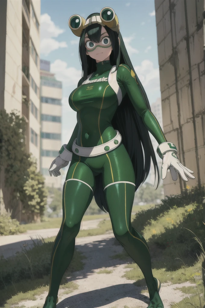 (masterpiece, best quality;1.3), extremely detailed ,ultra detailed, 1girl, solo,  looking at viewer,detailed skin,  crawling, full body, standing, asui tsuyu, low-tied long hair, :p,white gloves, green bodysuit, hair rings,goggles, city, extra large breasts, visible feet