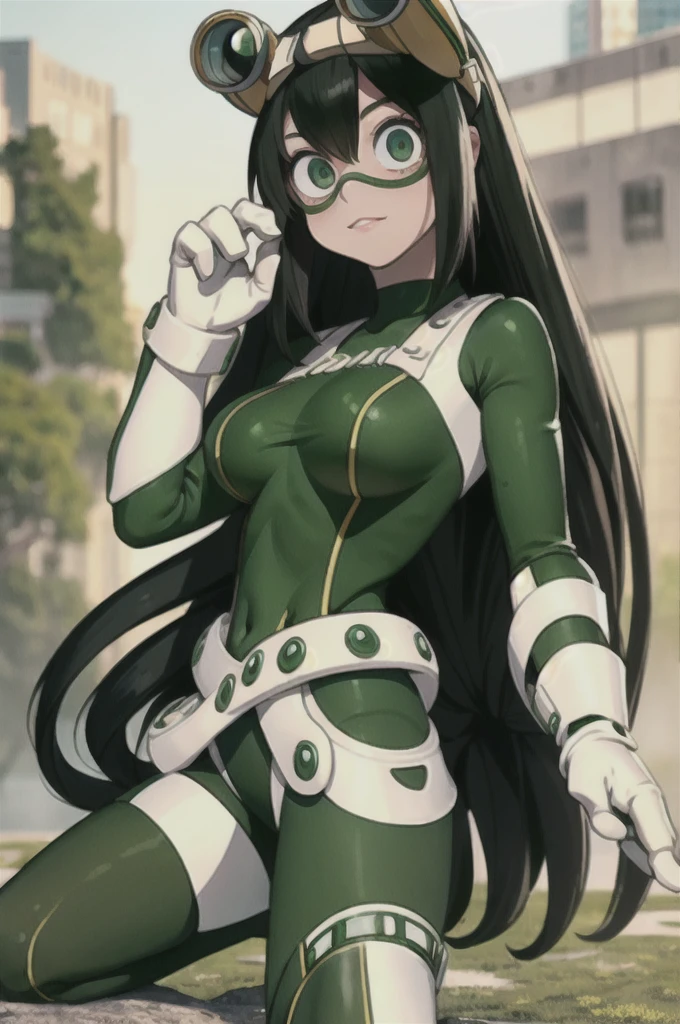 (masterpiece, best quality;1.3), extremely detailed ,ultra-detailed, 1girl, solo,  looking at the viewer, detailed skin,  crawling, full body, standing, asui tsuyu, low-tied long hair, :p, white gloves, green bodysuit, hair rings, goggles, city, extra large breasts